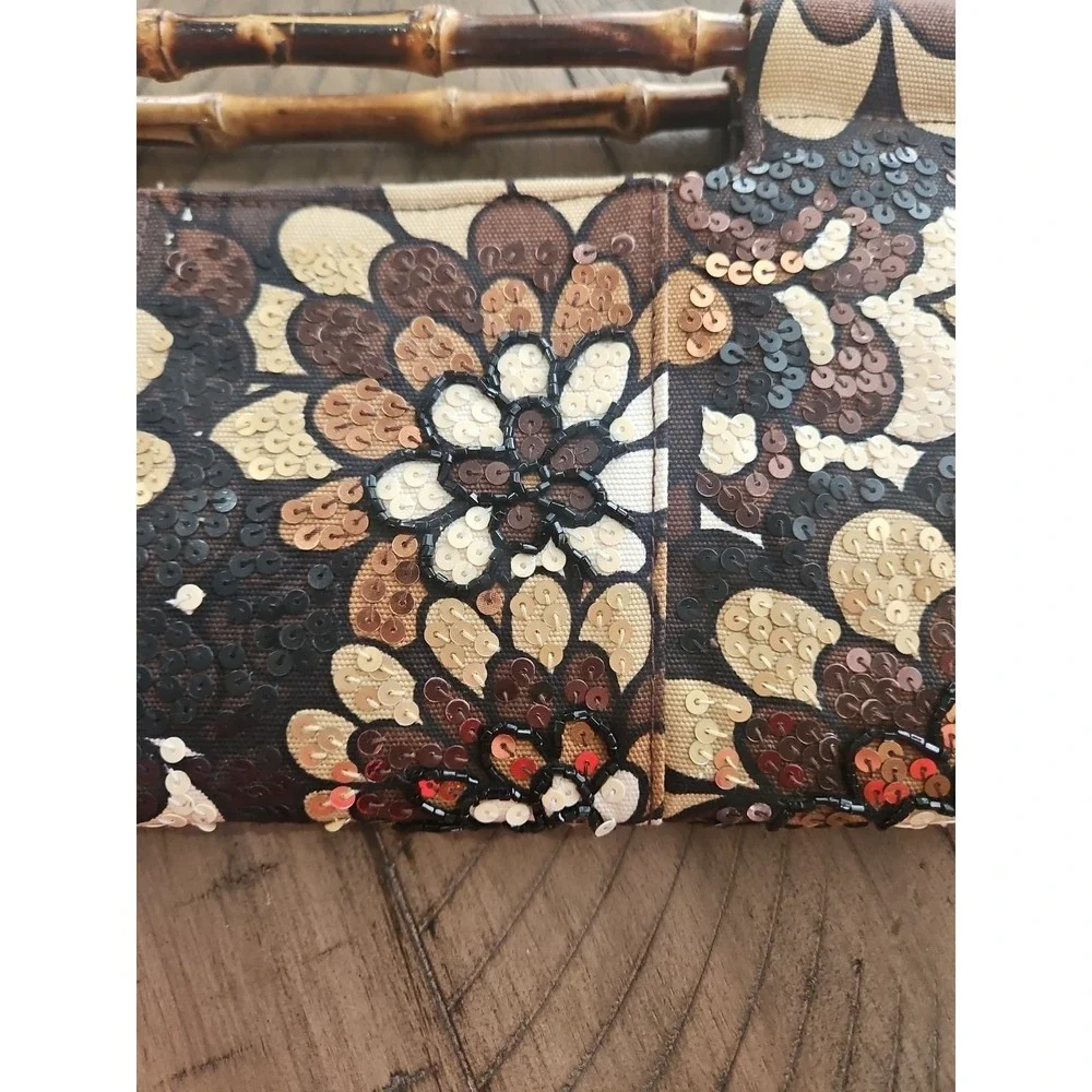 The Limited Handbag Neutral Sequin Floral Clutch Bamboo Handles Mod Chic Coastal - Picture 6 of 16